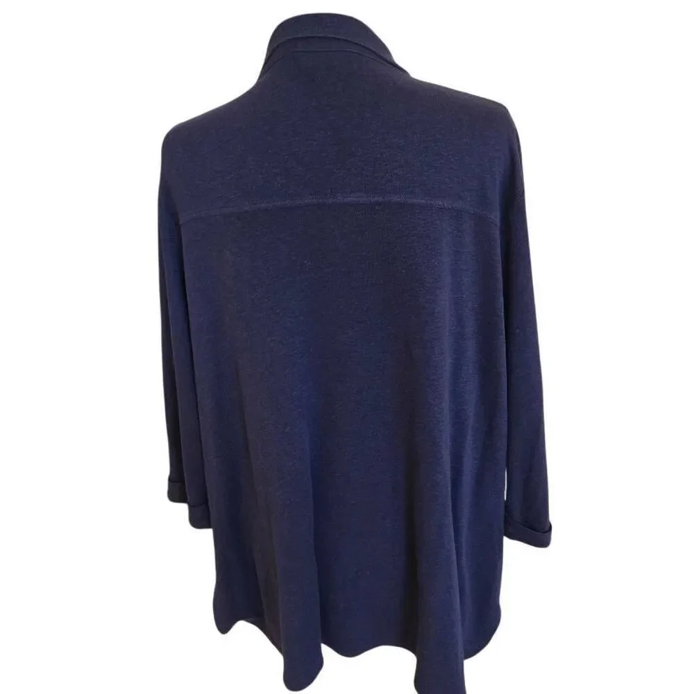 Tahari Womens Linen Blend Button Front 3/4 Sleeve Blouse Top Navy Blue Size 2X - Picture 2 of 11